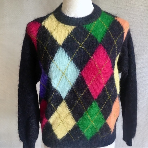 Vintage Sweaters - VTG 80s 90s Benetton Mohair Argyle Print Sweater